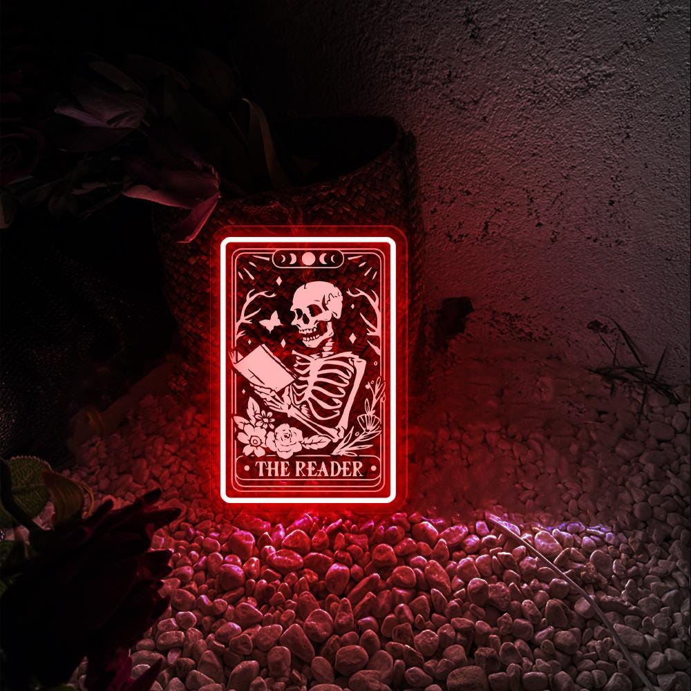 The Reader Tarot Card Neon Sign Gifts, Skeleton Reading Neon Sign, Book Lover Gift For Women, Book Lover Neon Sign, Tarot Card Neon Sign