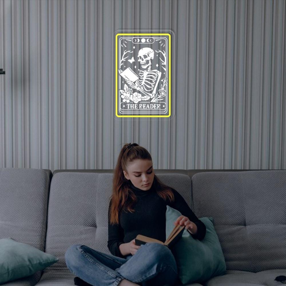 The Reader Tarot Card Neon Sign Gifts, Skeleton Reading Neon Sign, Book Lover Gift For Women, Book Lover Neon Sign, Tarot Card Neon Sign