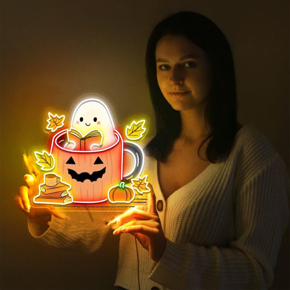 Ghosts Reading Books Neon Sign, Books Lover Ghost Gift, Cute Little Ghost Neon, Womens Halloween Neon, Spooky Season Neon, Fall Graphic Neon