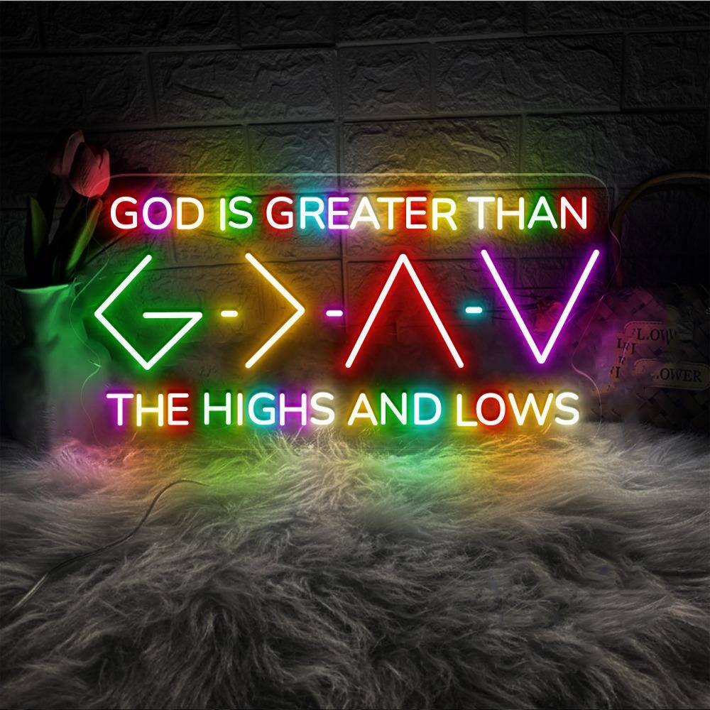 Jesus Neon Sign, God Is Greater Than The Higher And Lows, Christian Neon Sign Wall Decor , Faith Neon Sign, Bible Verse Neon Sign Gifts