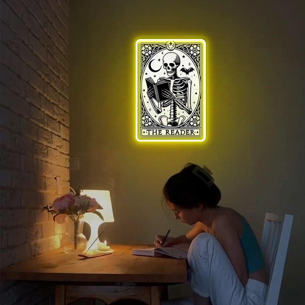 The Reader Tarot Card Neon Sign Gifts, Skeleton Reading Neon Sign, Book Lover Gift For Women, Book Lover Neon Sign, Tarot Card Neon Sign