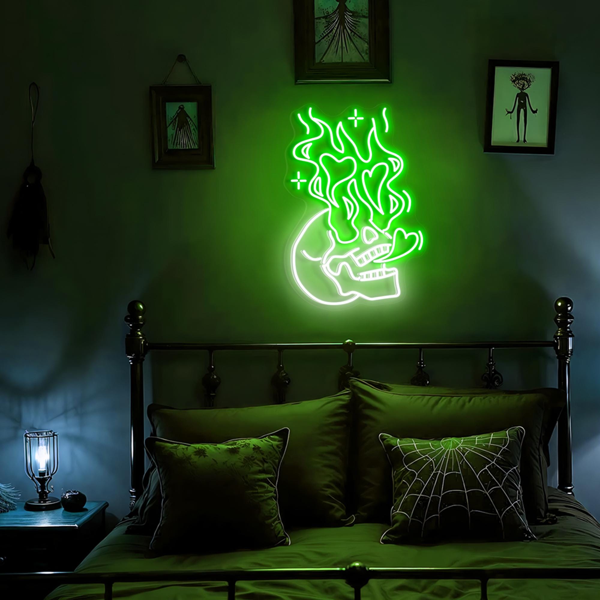 Skull Heart Fire Neon Sign Burning Heart Neon Handmade Gothic Home Decor Halloween Horror Wall Art Love Neon Light Party Sign