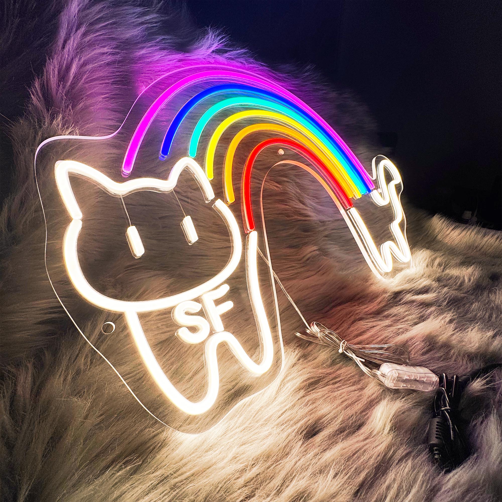 Rainbow Cat Neon Sign Rainbow Neon Light Cute Kawaii Light for Bedroom, Game Room, Kids Room, Aesthetic Wall Decor, Colorful Cat Lover Gift