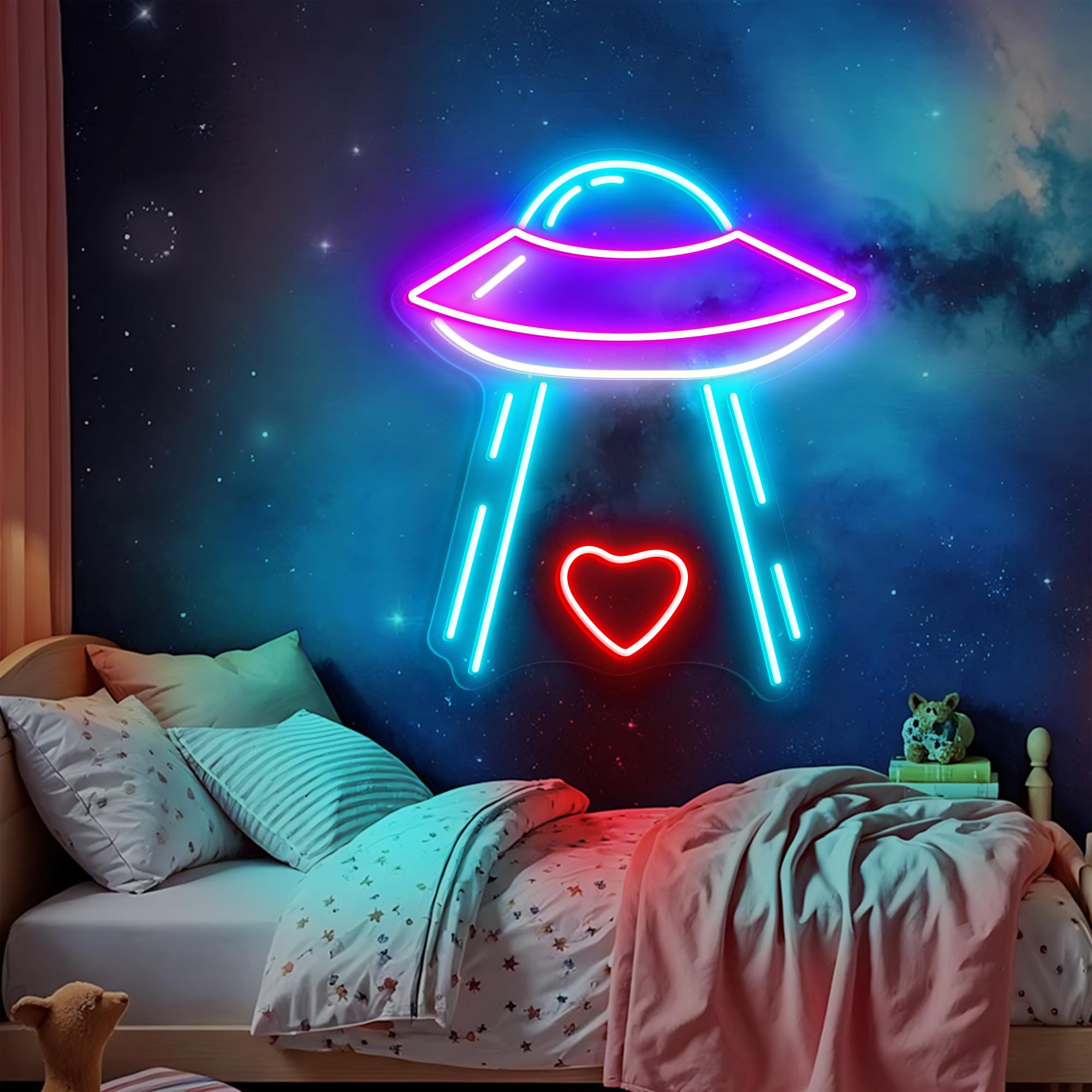 Heart with Spaceship Neon Sign UFO Neon Light for Wall Art Valentines gift for space lovers Modern Sci-fi Man Cave Decor Gift Bedroom Decor