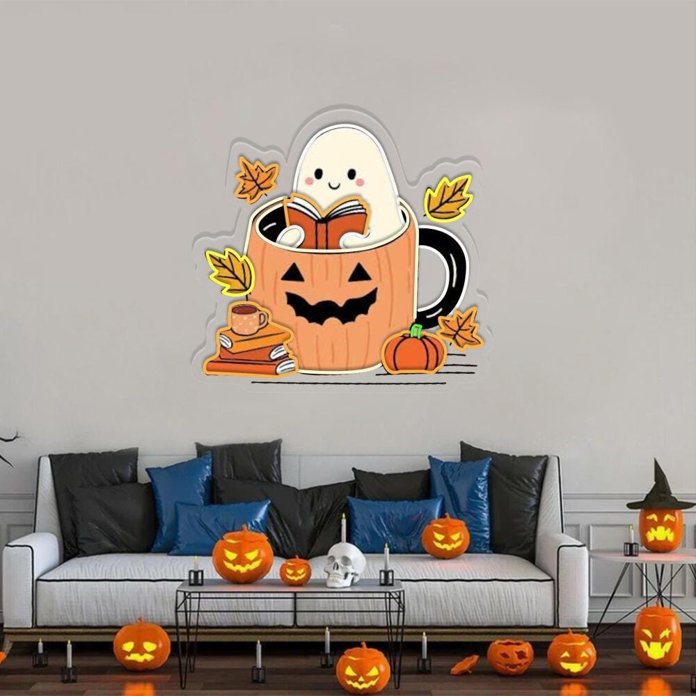Ghosts Reading Books Neon Sign, Books Lover Ghost Gift, Cute Little Ghost Neon, Womens Halloween Neon, Spooky Season Neon, Fall Graphic Neon