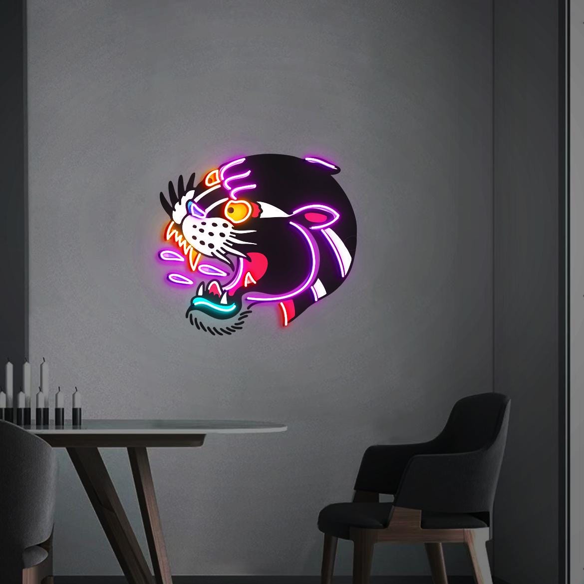 Tattoo Black Panther Neon Sign, UV Printed Black Panther, American Traditional Panther Wall Art, Tattoo Panther Decor, Traditional Tattoo