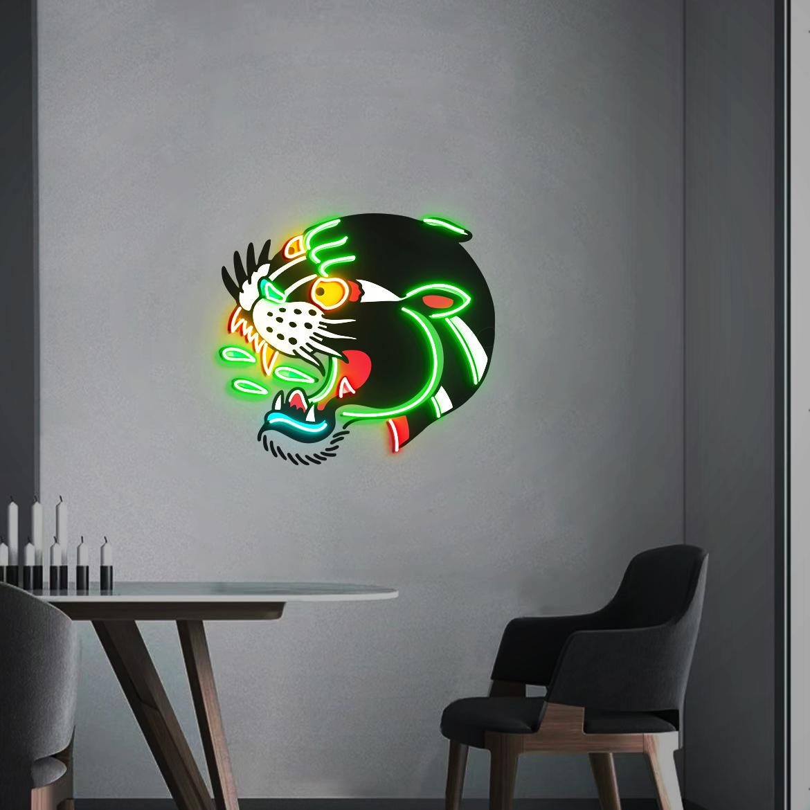 Tattoo Black Panther Neon Sign, UV Printed Black Panther, American Traditional Panther Wall Art, Tattoo Panther Decor, Traditional Tattoo