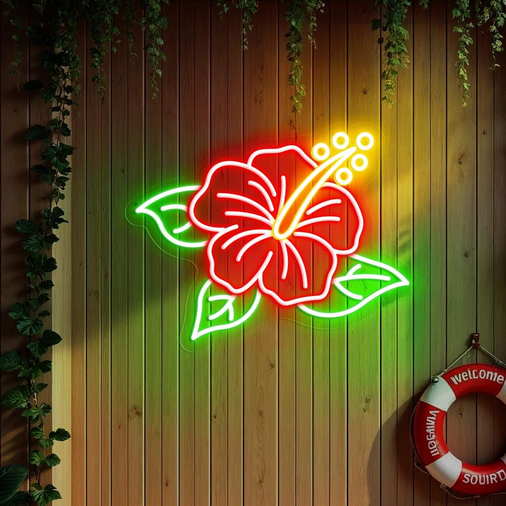 Hibiscus Neon Sign - Tropical Flower LED Wall Light for Beach Bar, Tiki Room, Hawaiian Decor, Aesthetic Bedroom, Summer Party Decor