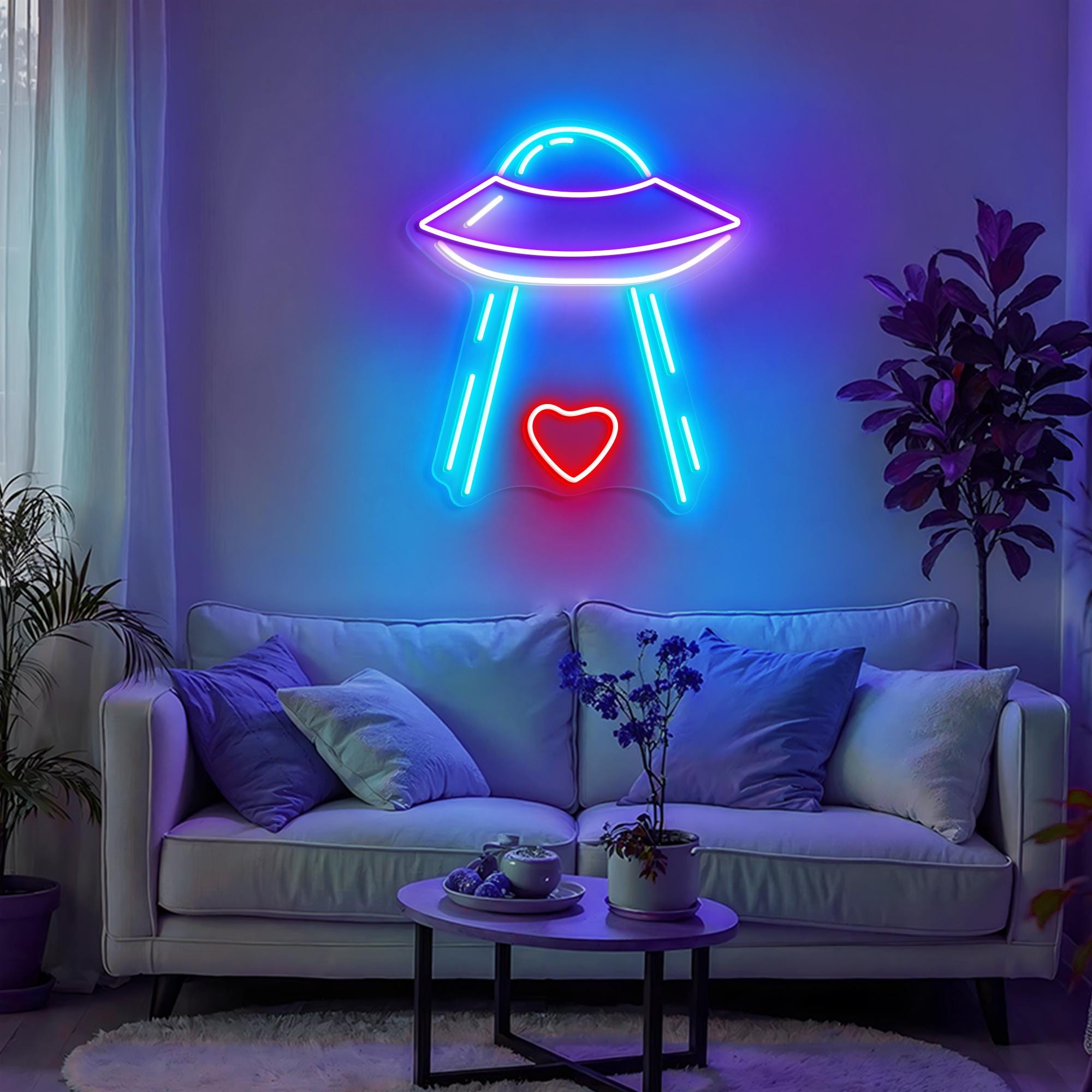 Heart with Spaceship Neon Sign UFO Neon Light for Wall Art Valentines gift for space lovers Modern Sci-fi Man Cave Decor Gift Bedroom Decor