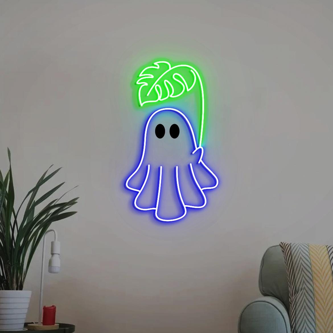Cute Ghost Monstera Neon Sign, Cute Ghost Neon Light, Monstera Leaf Wall Art, Gifts for Plant Obsessed, Cute Plant Gifts