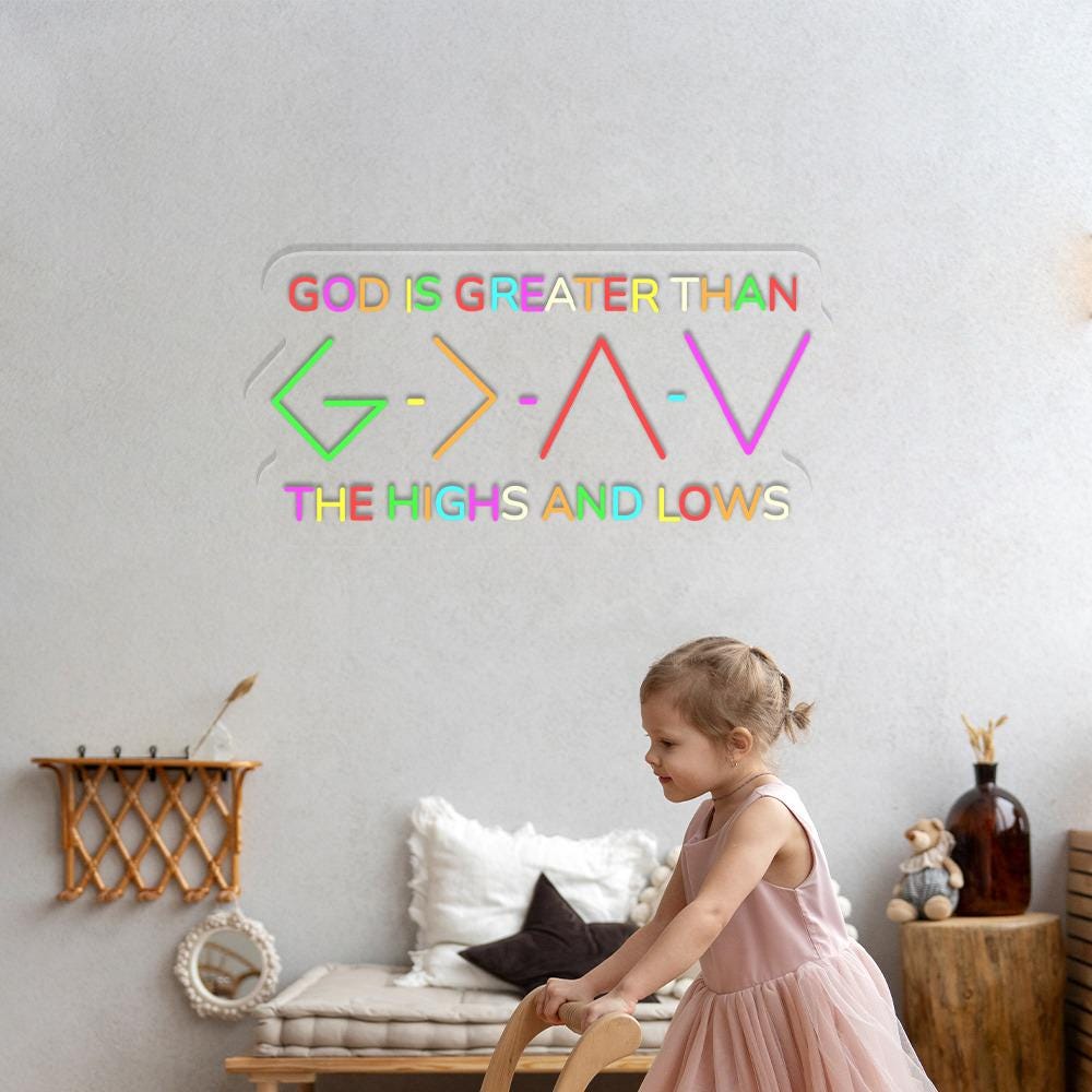 Jesus Neon Sign, God Is Greater Than The Higher And Lows, Christian Neon Sign Wall Decor , Faith Neon Sign, Bible Verse Neon Sign Gifts