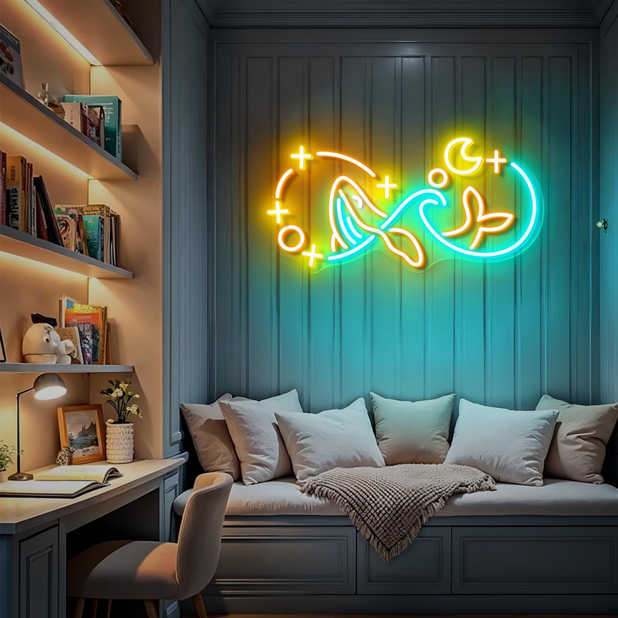 Whale in Ocean Neon Sign Moon Neon Light Kids room light Nature Neon Sign Coastal Decor Gifts for Ocean Lovers Ocean Wave Wallpaper