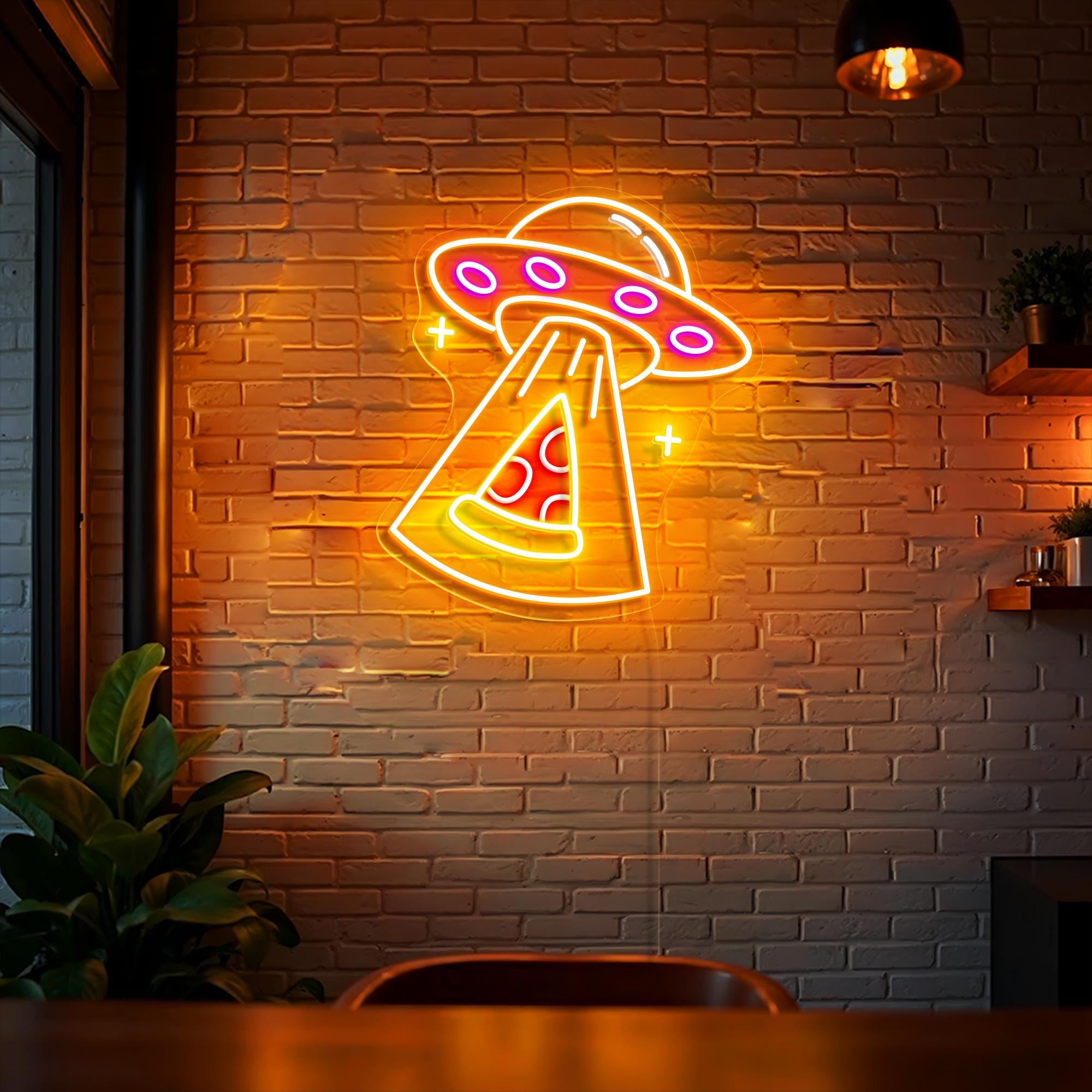 Pizza Custom Neon Sign Pizza Slice Neon Light UFO Space Neon Sign Fast Food Shop Decor Personalized Home Kitchen Decor Restaurant Wall Decor