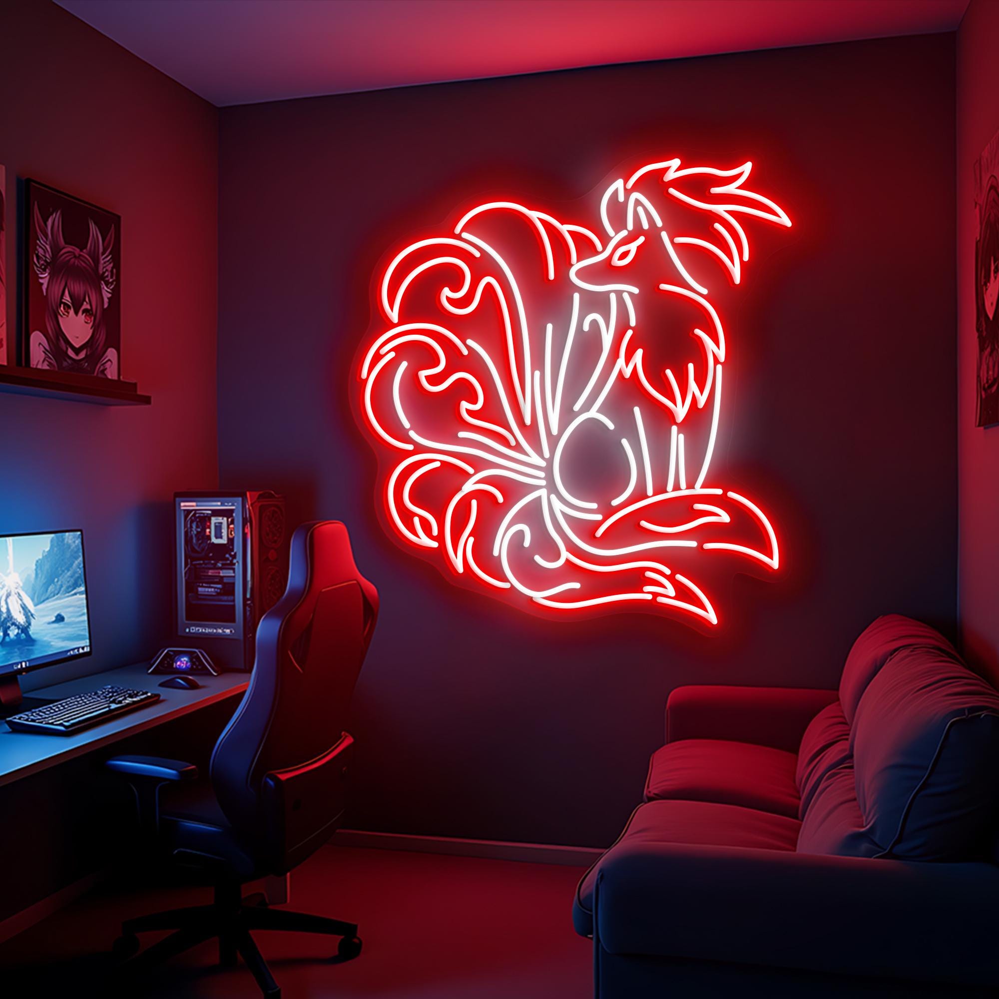 Nine Tailed Fox Anime Neon Sign Kitsune LED Wall Art Anime Gaming Room Decor Cyberpunk LED Light Unique Fantasy Neon Sign Gift for Him
