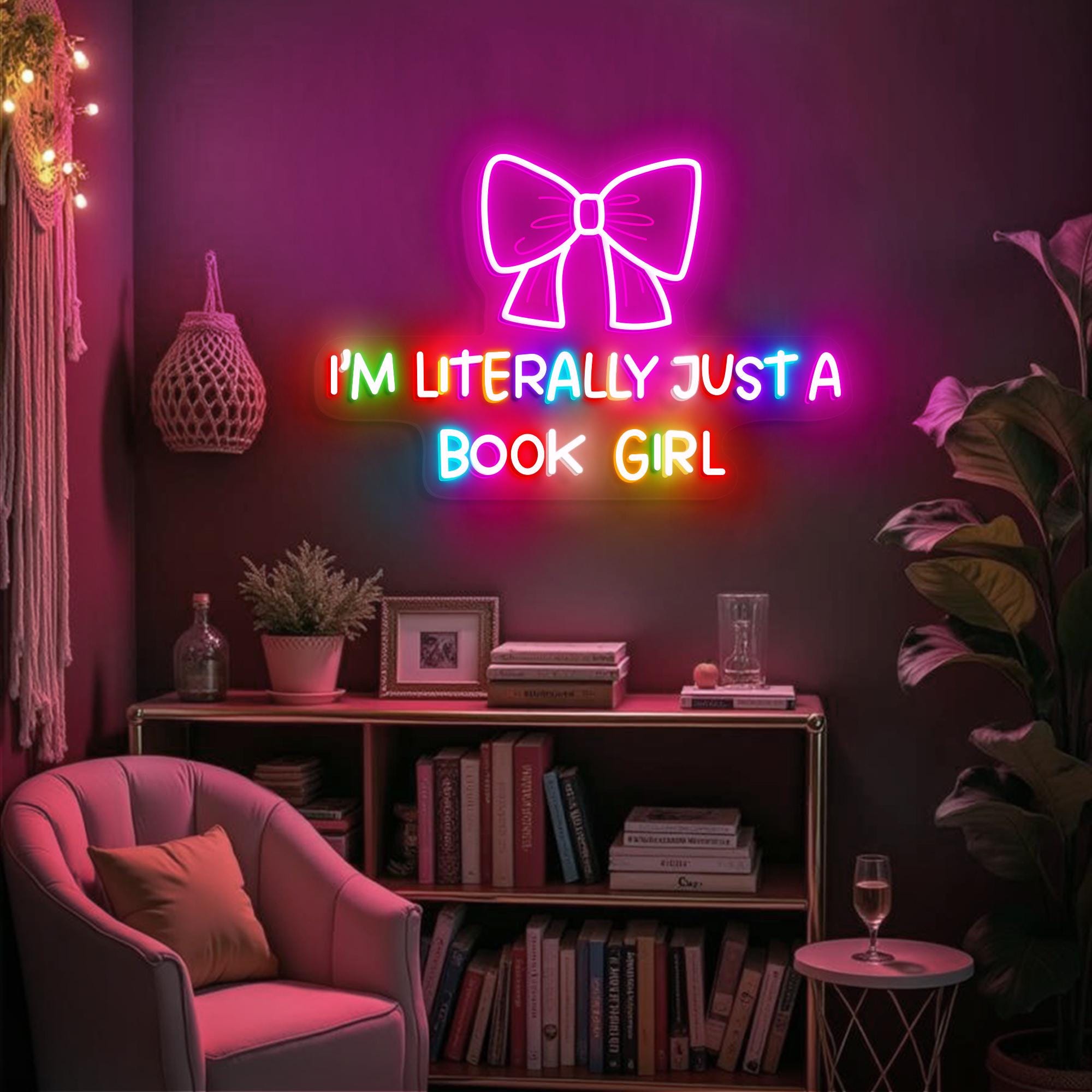 I'm Literally Just A Book Girl Neon Sign Gift Back To School Pink Bows Bedroom Decor Baby Girl Romantic Girly Teen Dorm Wall Decor