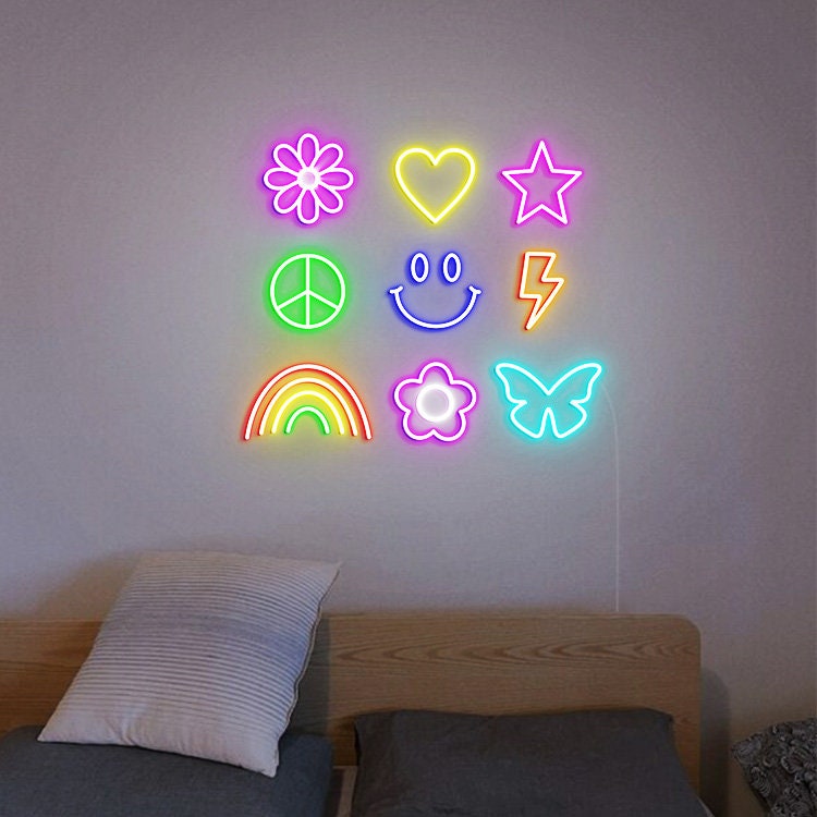 Boho Hippie, Happy Neon Sign, Retro Room Wall Decor, Groovy Decor, Daisy Flower Rainbow Lightning Bolt Star Butterfly, Retro Face Neon Sign