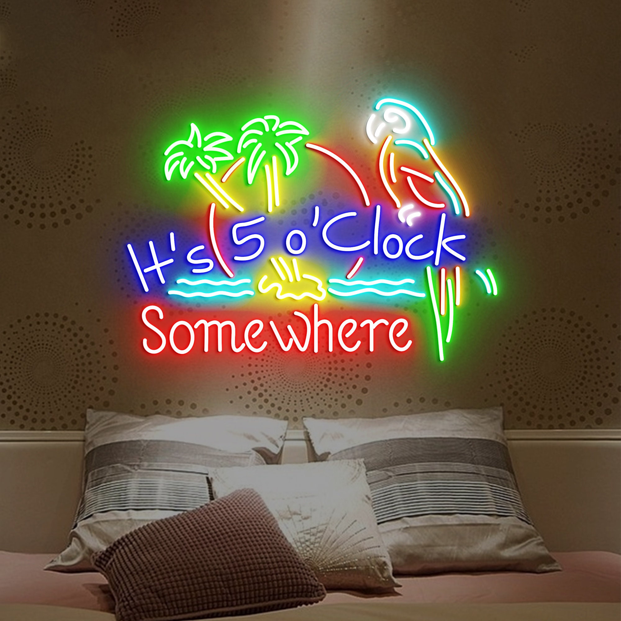 It's 5 O'clock Somewhere Neon Sign, Bar Led Sign, Parrot Neon Light, Beach Neon Sign, Cocktail Bar Sign, Tiki Bar Logo Neon Sign