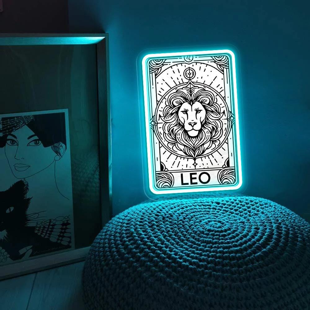 The Leo Tarot Card Neon, Zodiac Tarot Card Neon, Witchy Vibes Celestial Leo Neon, Lion Gothic Tarot Neon Sign, Tarot Card Neon Sign Gifts