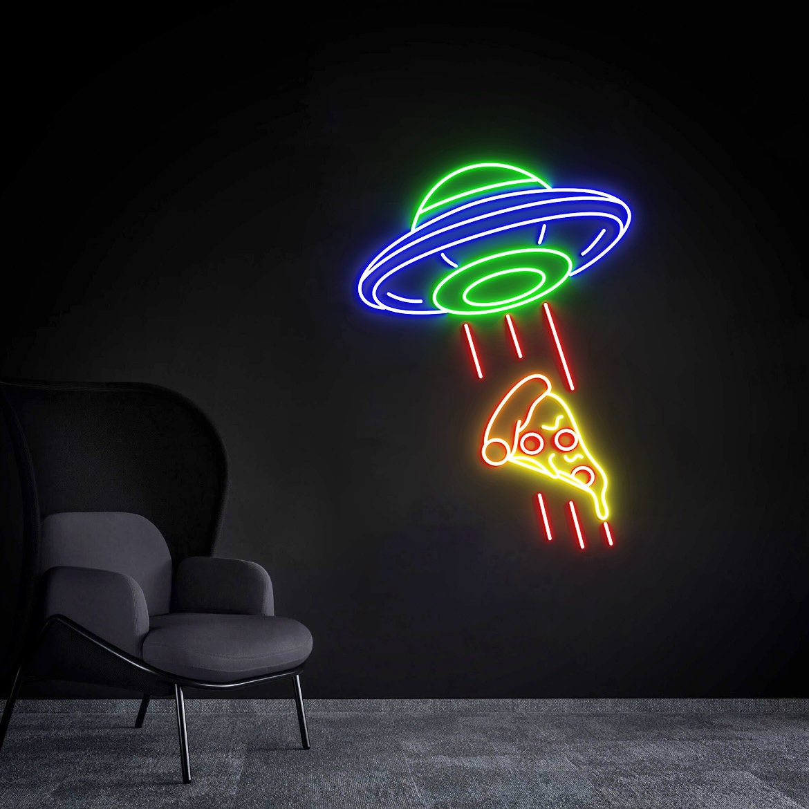 Cool UFO Neon Sign, Kidnapping Pizza Neon Sign, Creative UFO Wall Decor, Neon Bar Sign, Birthday Gift, Flying Saucer Bedroom Neon Light Sign