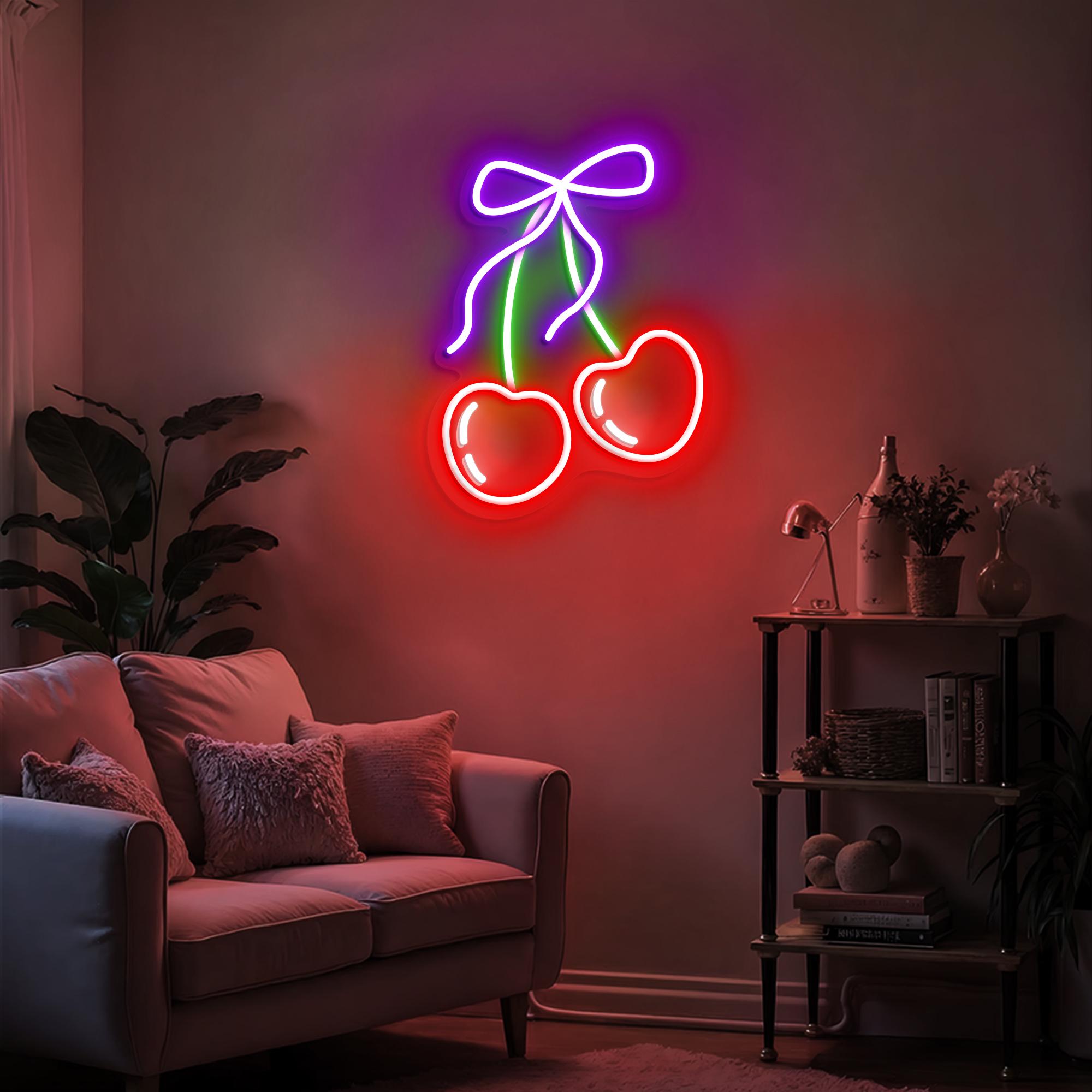 Cherry Neon Sign with Cute Pink Bow LED Wall Light for Bedroom, Bar, and Party Decor, Custom Neon Light Home Decor, Gift For Her