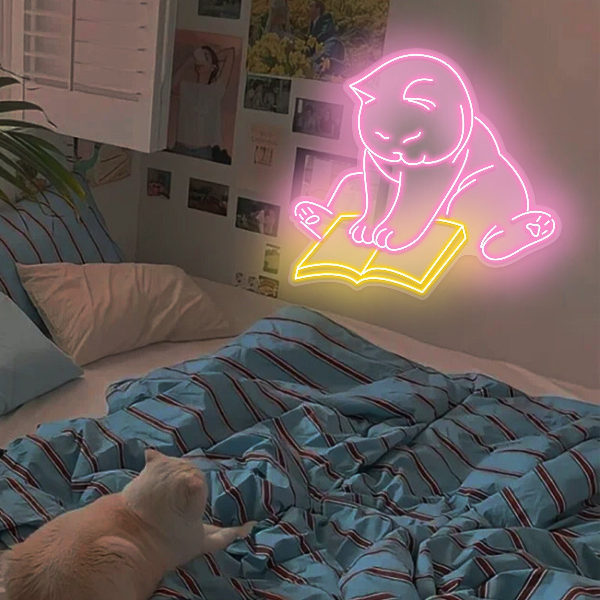 Cat Reading Book Neon Signs/Cat Wall Decor/Pet Lover Gifts For Kids/Custom Anime Neon Sign/Cute Cat Neon Signs/Pet Store Neon Sign