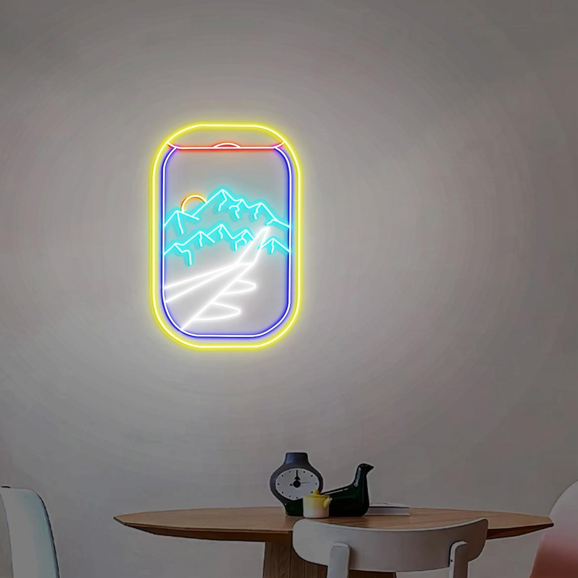 Airplane Window Neon Light, Aviation Room Wall Decor, Airplane Window Mountain Snow View, Snow Covered Mountains, Plane Window View