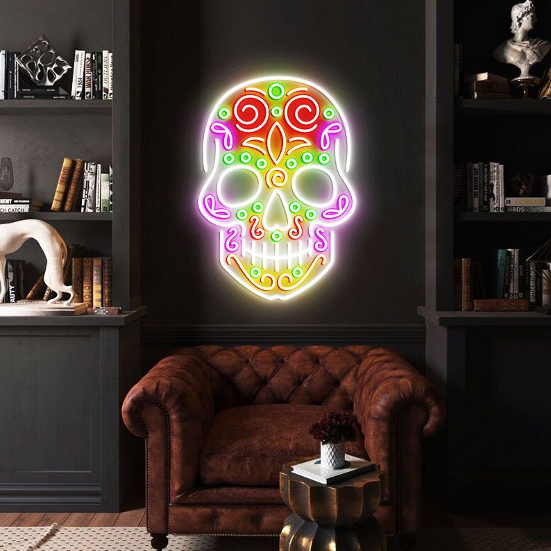 Sugar Skull Neon Light, Mexican Skull Decor, Mexican Bedroom Neon Lights, Sugar Skull Wall Decoration