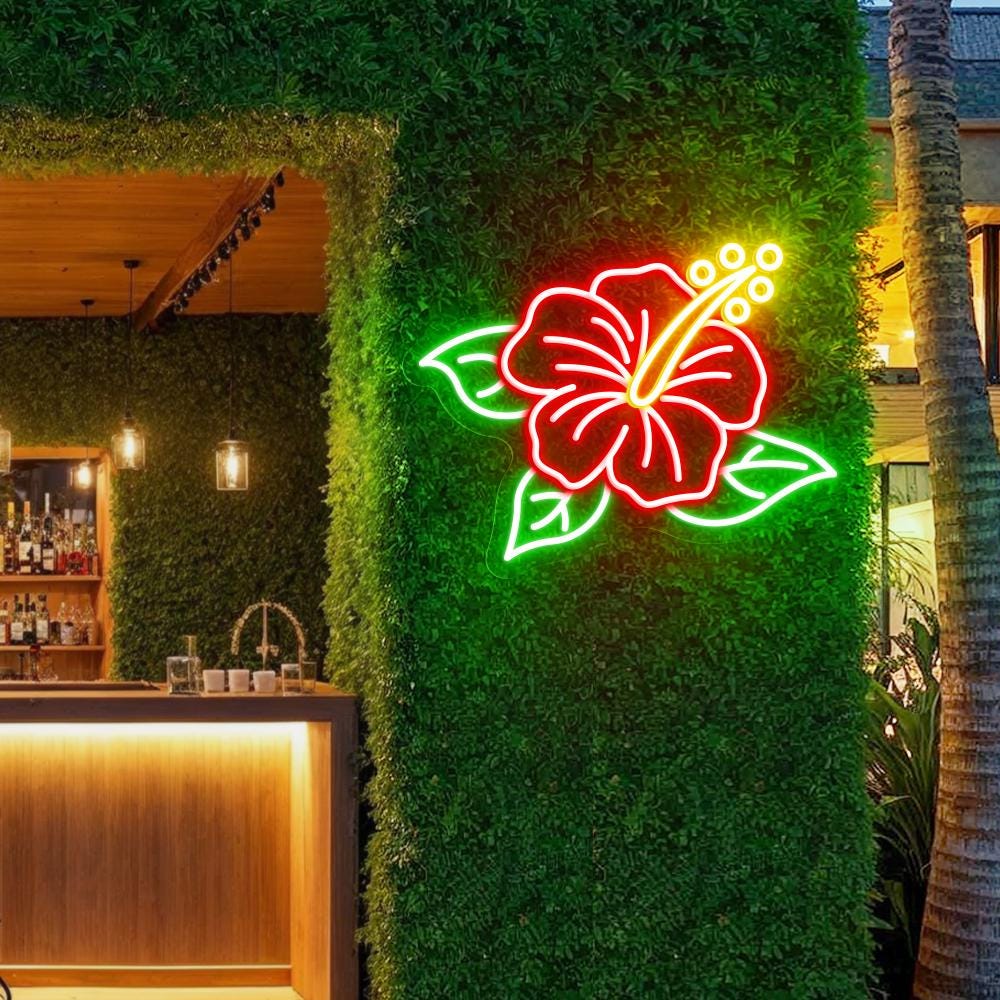 Hibiscus Neon Sign - Tropical Flower LED Wall Light for Beach Bar, Tiki Room, Hawaiian Decor, Aesthetic Bedroom, Summer Party Decor