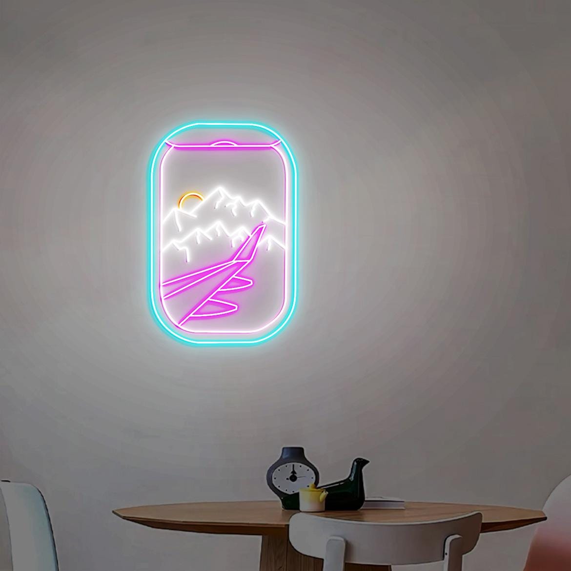 Airplane Window Neon Light, Aviation Room Wall Decor, Airplane Window Mountain Snow View, Snow Covered Mountains, Plane Window View
