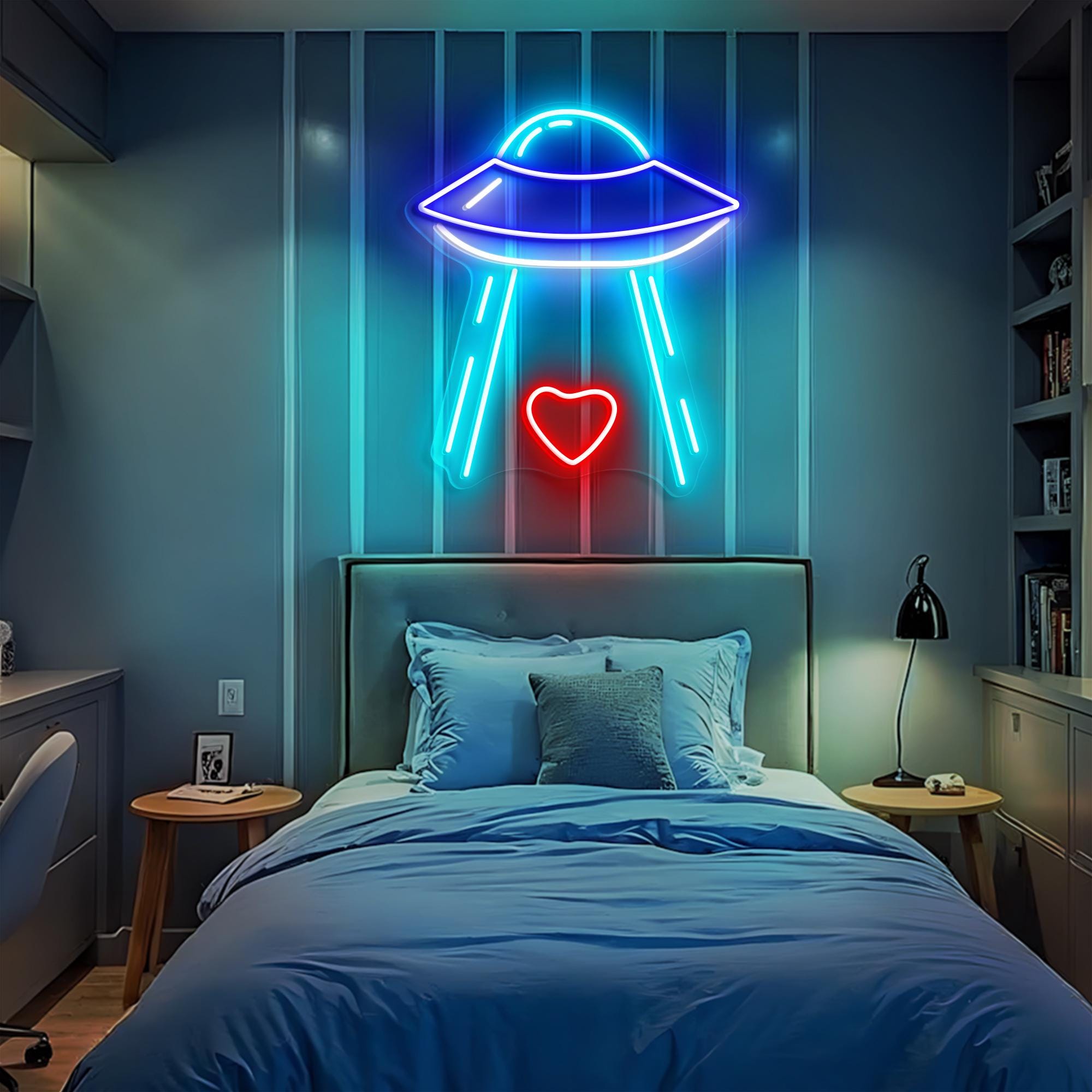 Heart with Spaceship Neon Sign UFO Neon Light for Wall Art Valentines gift for space lovers Modern Sci-fi Man Cave Decor Gift Bedroom Decor