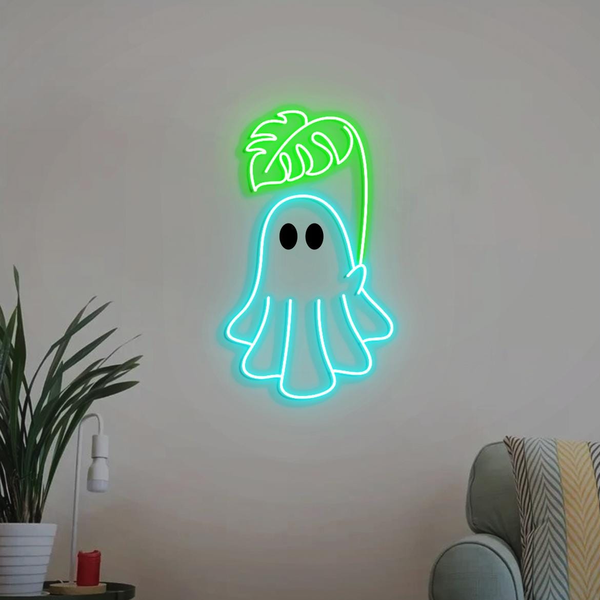 Cute Ghost Monstera Neon Sign, Cute Ghost Neon Light, Monstera Leaf Wall Art, Gifts for Plant Obsessed, Cute Plant Gifts