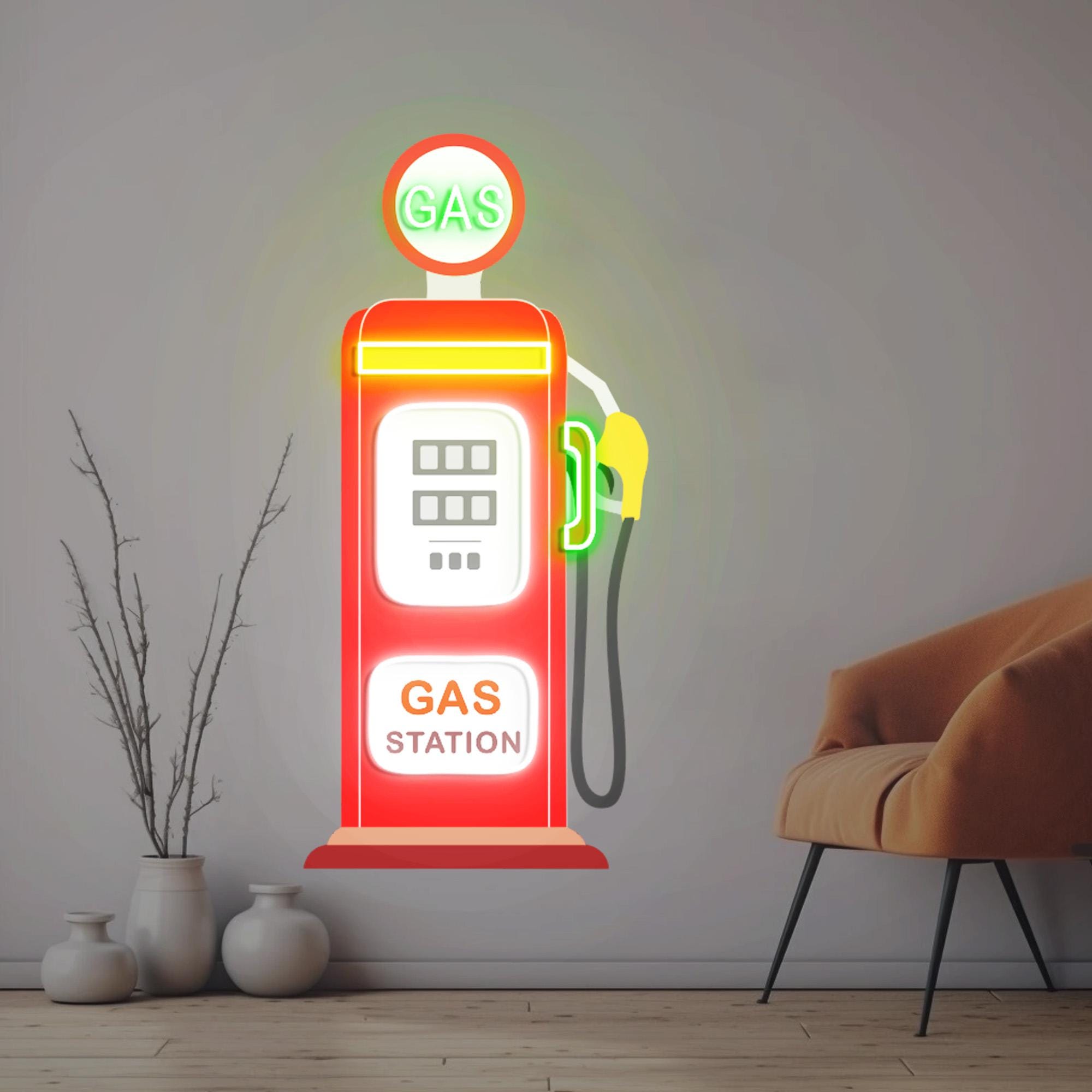 Gas Station Neon Sign, Red Gas Station, Garage Wall Art, UV Printing Wall Art Decor, Old Gas Pump Art for Garage, For Man Cave
