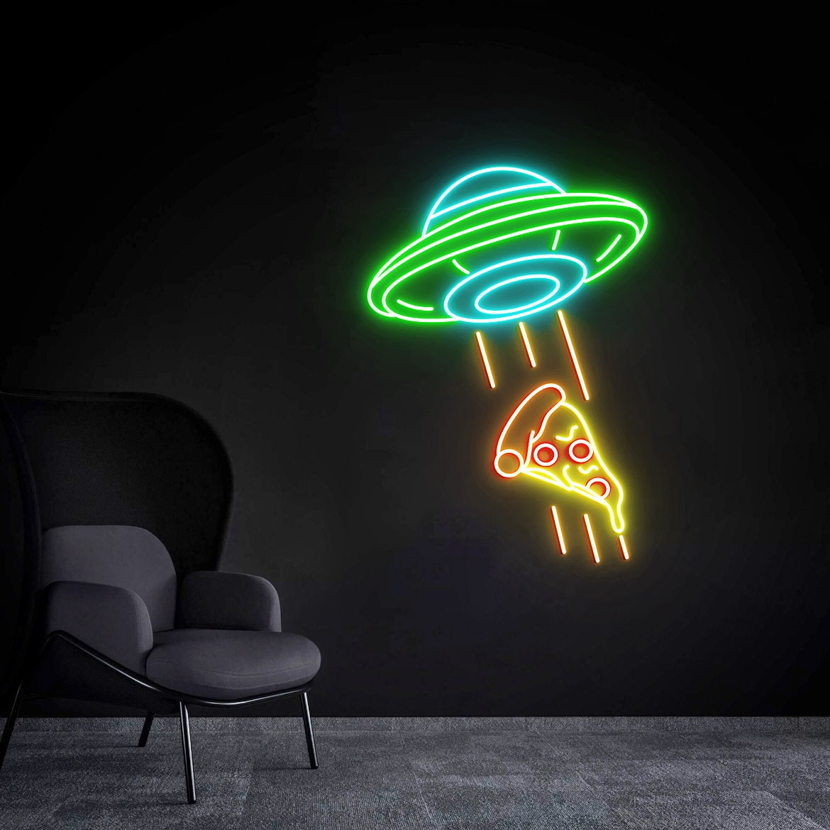 Cool UFO Neon Sign, Kidnapping Pizza Neon Sign, Creative UFO Wall Decor, Neon Bar Sign, Birthday Gift, Flying Saucer Bedroom Neon Light Sign