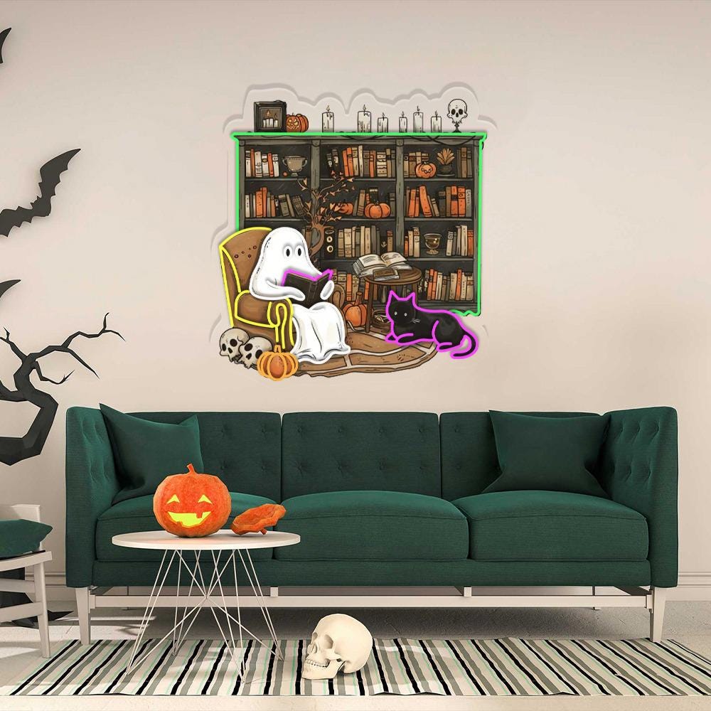 Ghosts Reading Books Neon Sign, Books Lover Ghost Gift, Cute Little Ghost Neon, Librarian Ghost Halloween, Spooky Season Neon, Teacher Gifts