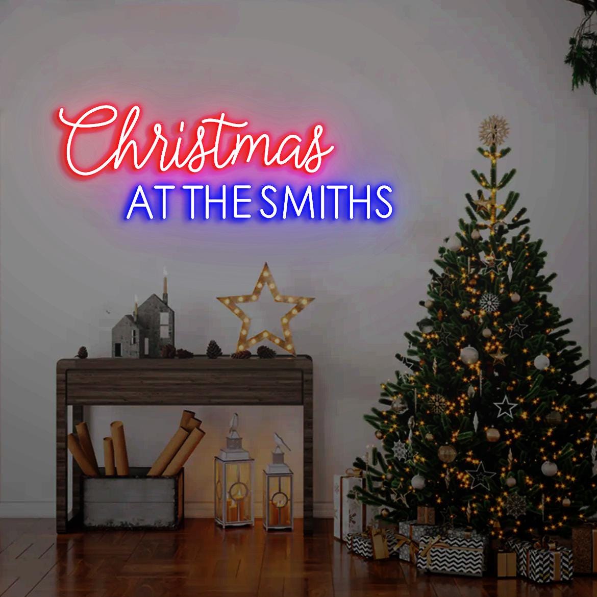Christmas At The Name Sign Neon Light, Christmas Family Surname Sign, Custom Christmas Gift Idea, Xmas Decor Wall, Christmas Present Family