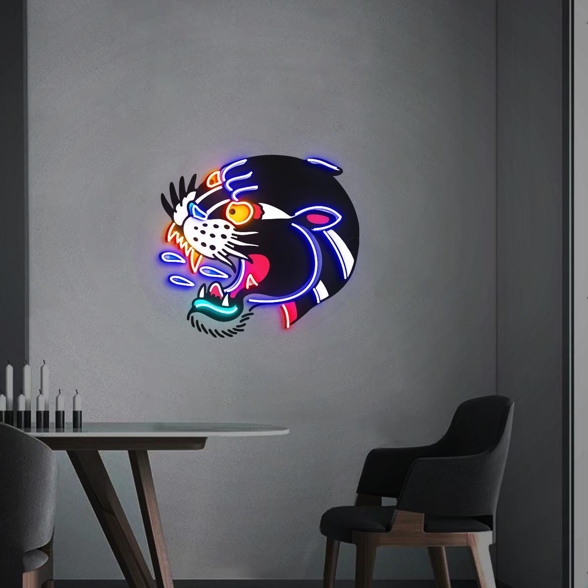 Tattoo Black Panther Neon Sign, UV Printed Black Panther, American Traditional Panther Wall Art, Tattoo Panther Decor, Traditional Tattoo