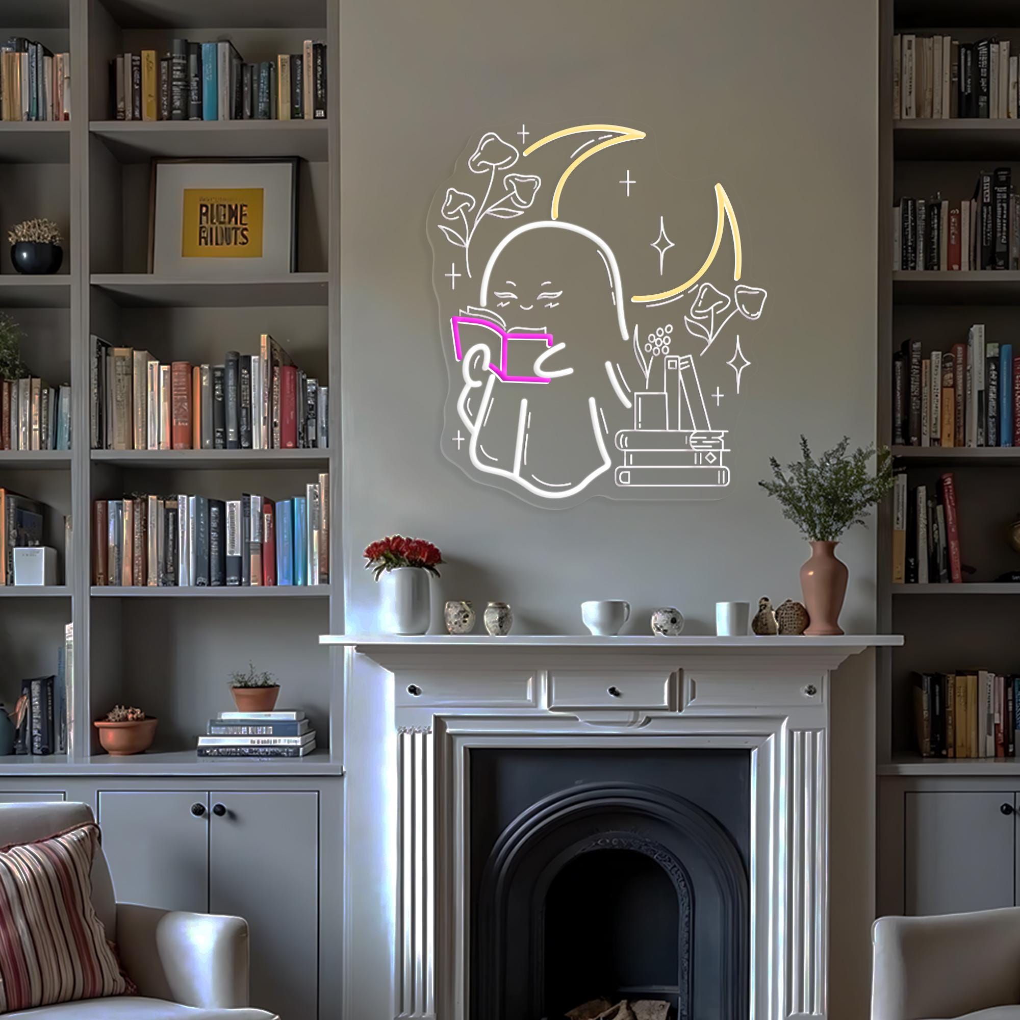 Ghost Reading Book Neon Light Boo Reading Books Bedroom Neon Sign Bedroom Neon Lights Led Neon Light Wall Decoration Neon Sign Light Decor