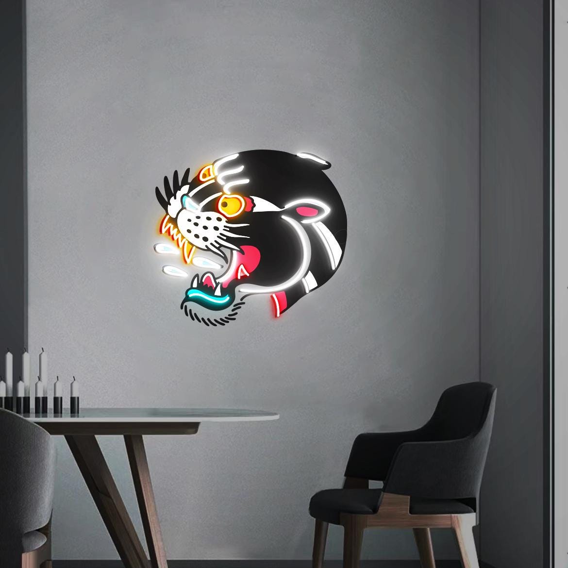 Tattoo Black Panther Neon Sign, UV Printed Black Panther, American Traditional Panther Wall Art, Tattoo Panther Decor, Traditional Tattoo