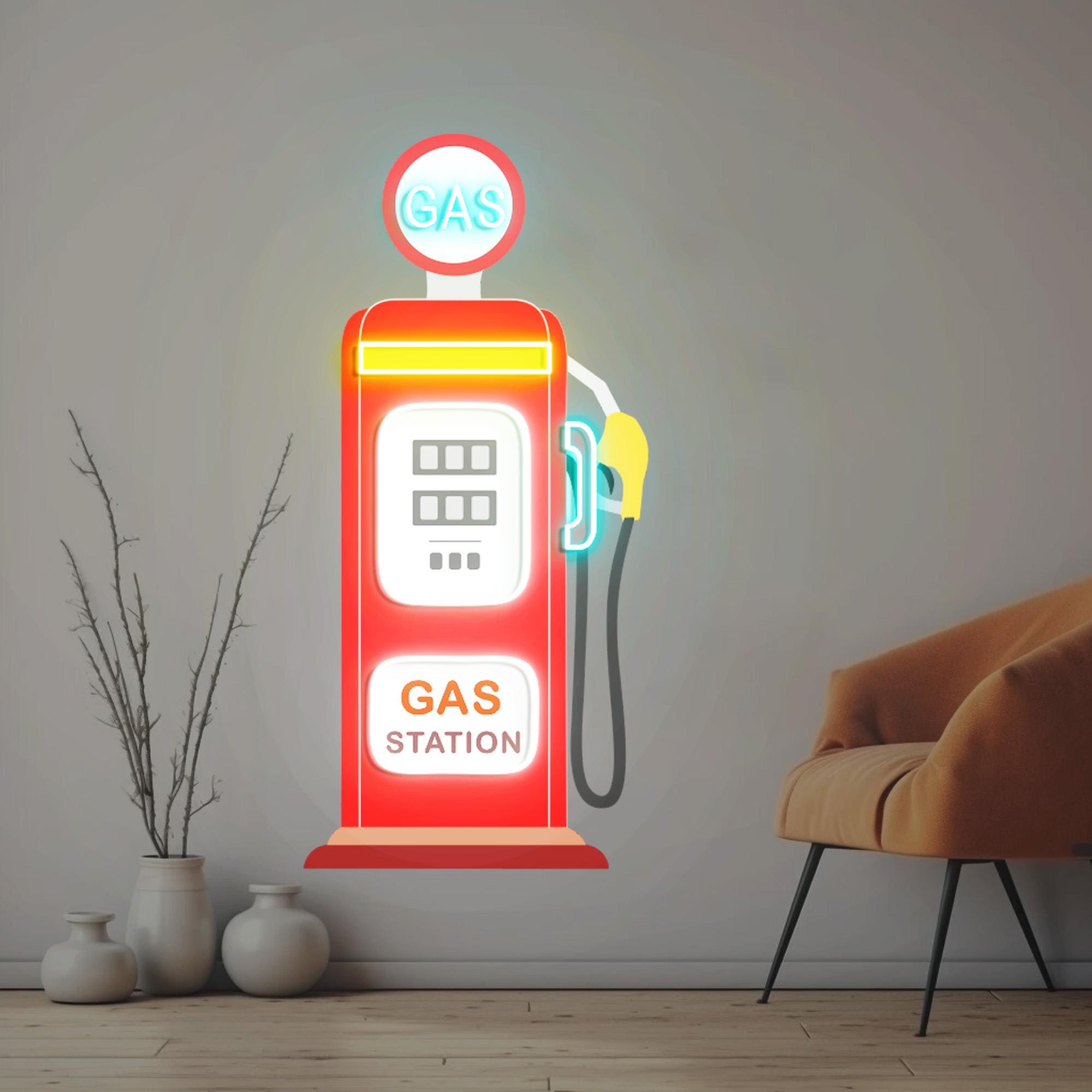 Gas Station Neon Sign, Red Gas Station, Garage Wall Art, UV Printing Wall Art Decor, Old Gas Pump Art for Garage, For Man Cave