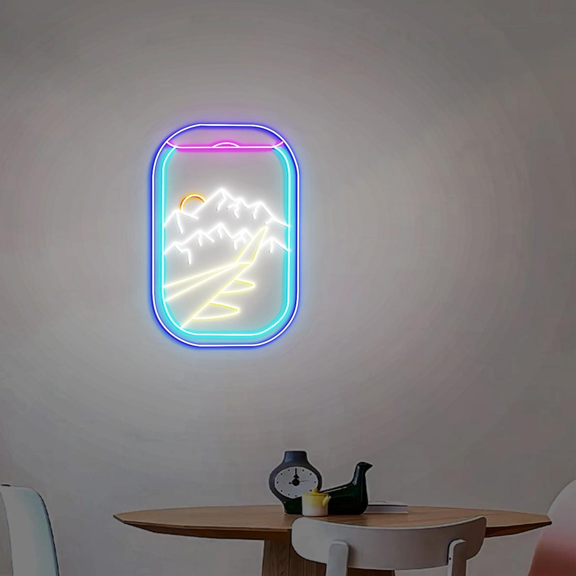 Airplane Window Neon Light, Aviation Room Wall Decor, Airplane Window Mountain Snow View, Snow Covered Mountains, Plane Window View