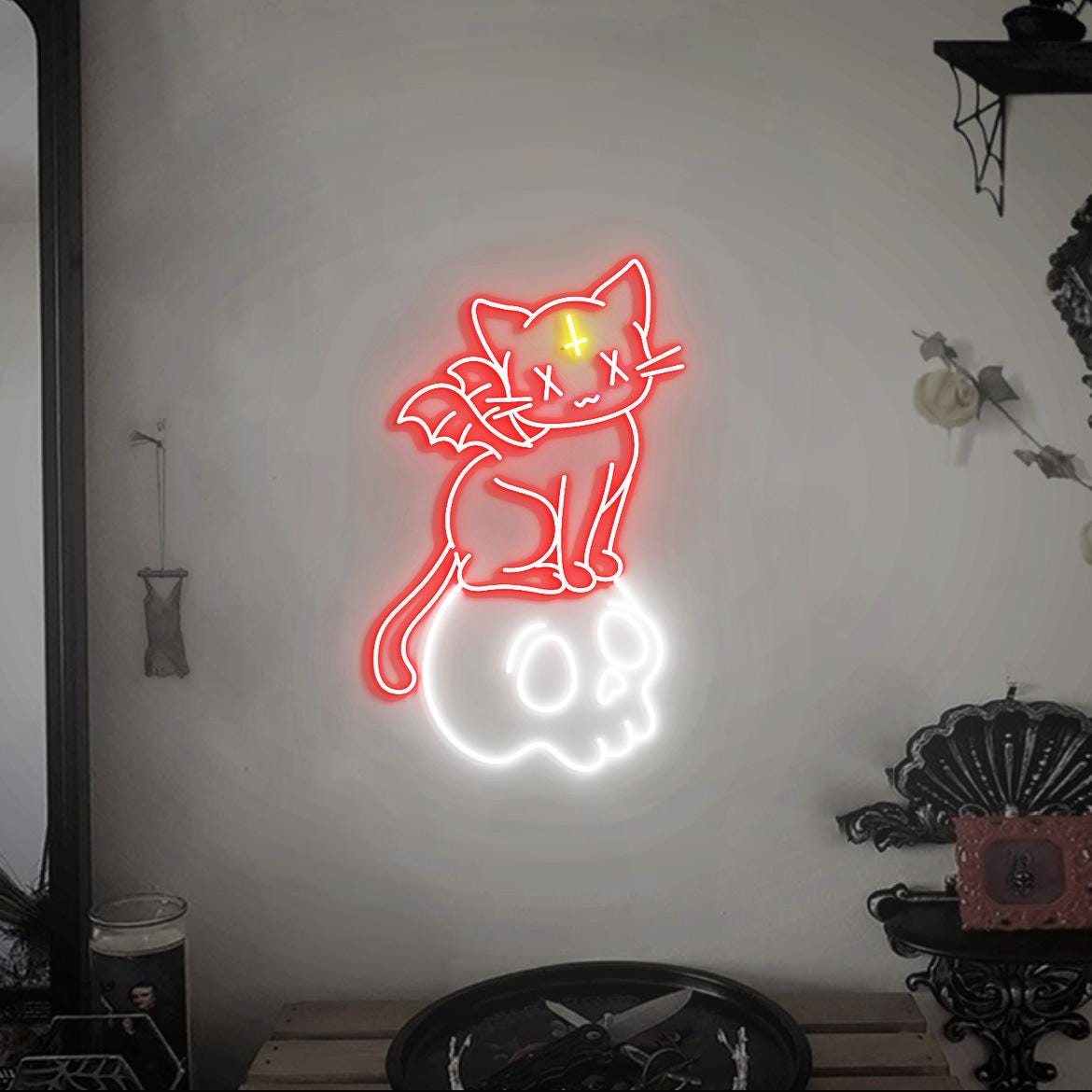 Pastel Goth Cat Neon Light, Kawaii Pastel Goth Cat Led Neon Sign, Cat on the Skull, Cute Pastel Cat for Girl, Pastel Anime Neon Sign Light