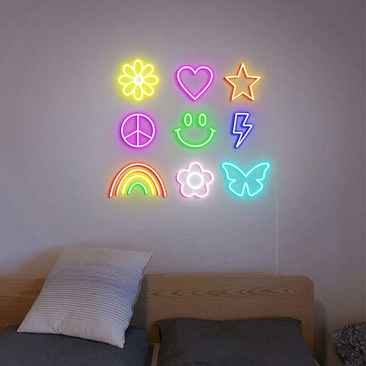 Boho Hippie, Happy Neon Sign, Retro Room Wall Decor, Groovy Decor, Daisy Flower Rainbow Lightning Bolt Star Butterfly, Retro Face Neon Sign