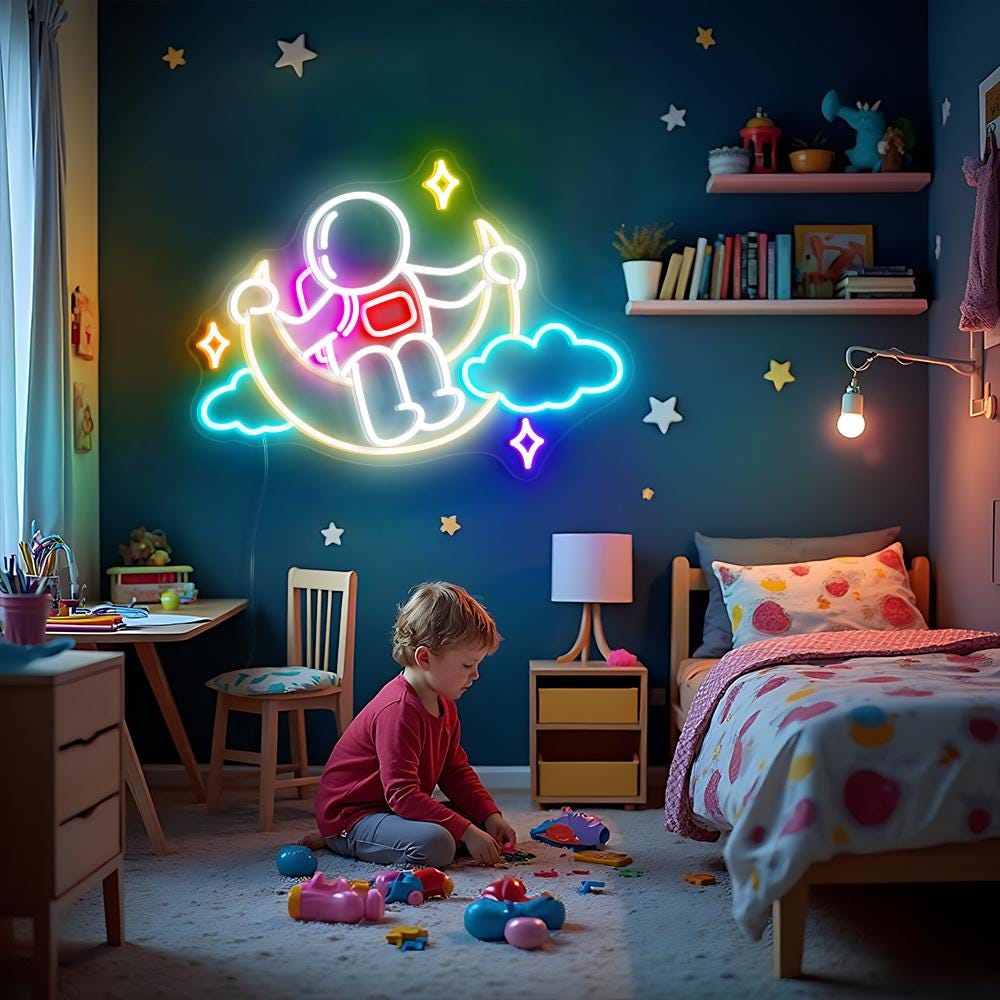 Astronaut Moon Cloud Neon Sign, Astronaut Neon Sign, Moon and Star Led Sign, Astronaut Wall Art Decor for Kids Room, Game Room Decor Sign