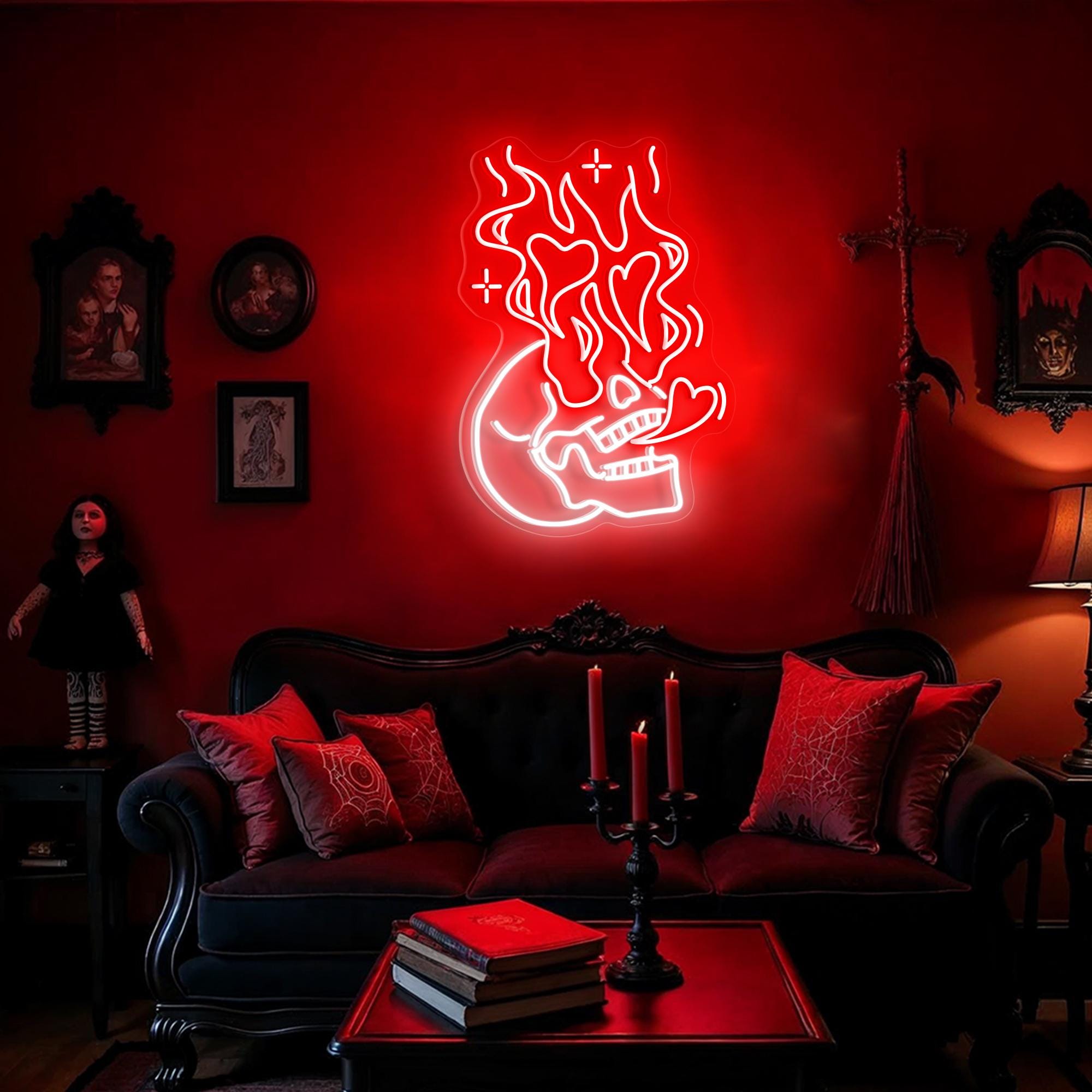 Skull Heart Fire Neon Sign Burning Heart Neon Handmade Gothic Home Decor Halloween Horror Wall Art Love Neon Light Party Sign
