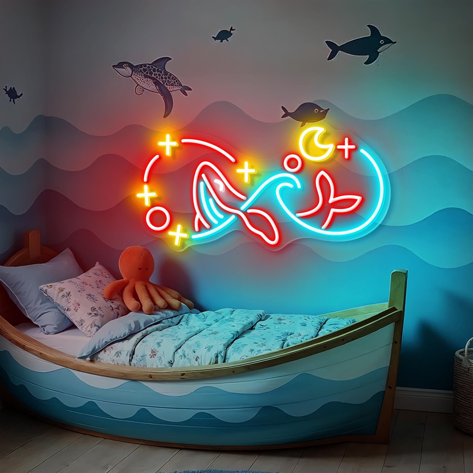 Whale in Ocean Neon Sign Moon Neon Light Kids room light Nature Neon Sign Coastal Decor Gifts for Ocean Lovers Ocean Wave Wallpaper