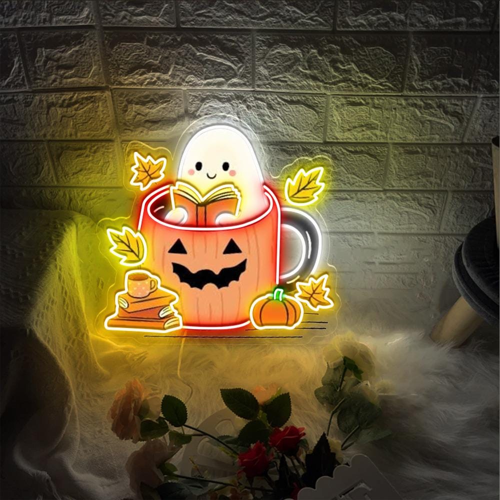 Ghosts Reading Books Neon Sign, Books Lover Ghost Gift, Cute Little Ghost Neon, Womens Halloween Neon, Spooky Season Neon, Fall Graphic Neon