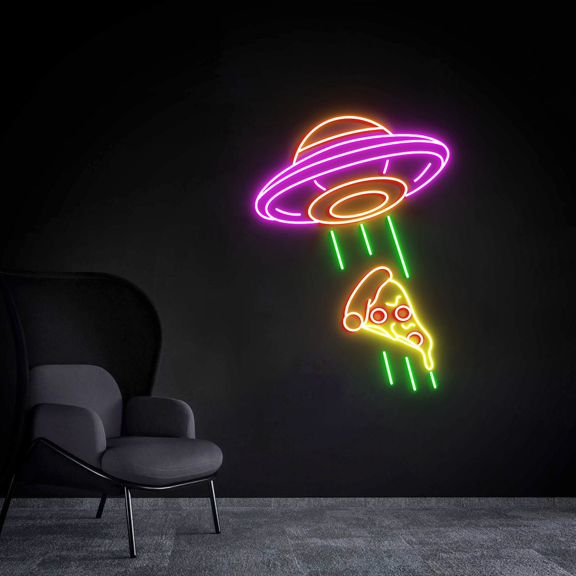 Cool UFO Neon Sign, Kidnapping Pizza Neon Sign, Creative UFO Wall Decor, Neon Bar Sign, Birthday Gift, Flying Saucer Bedroom Neon Light Sign