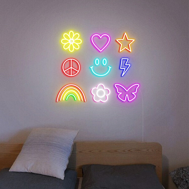 Boho Hippie, Happy Neon Sign, Retro Room Wall Decor, Groovy Decor, Daisy Flower Rainbow Lightning Bolt Star Butterfly, Retro Face Neon Sign