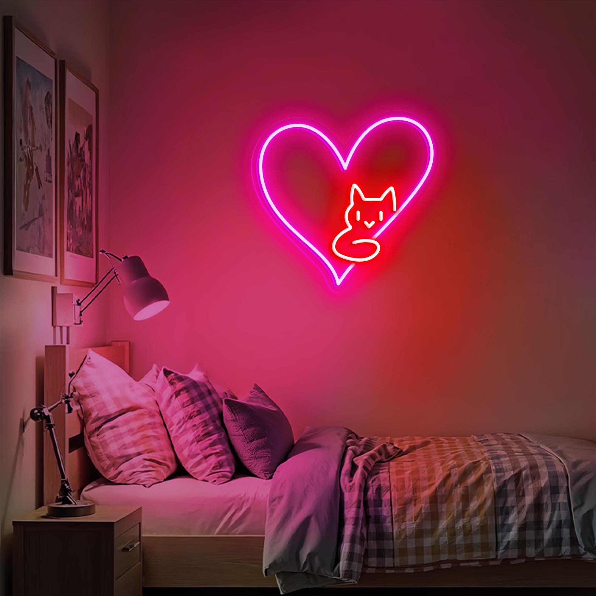 Cat in Heart Neon Sign Custom Heart LED Neon Light Cat Lover Gifts on Valentine Day Decor Wall Hanging Decor for Bedroom Personalized Gifts