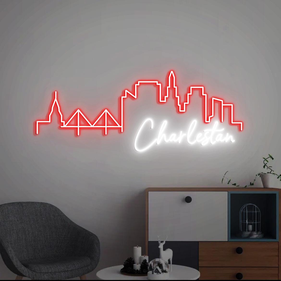 Charleston Skyline Neon Light, Charleston SC City Skyline Wall Art, Charleston for Home Apartment Office Decor, Christmas Charleston Gift